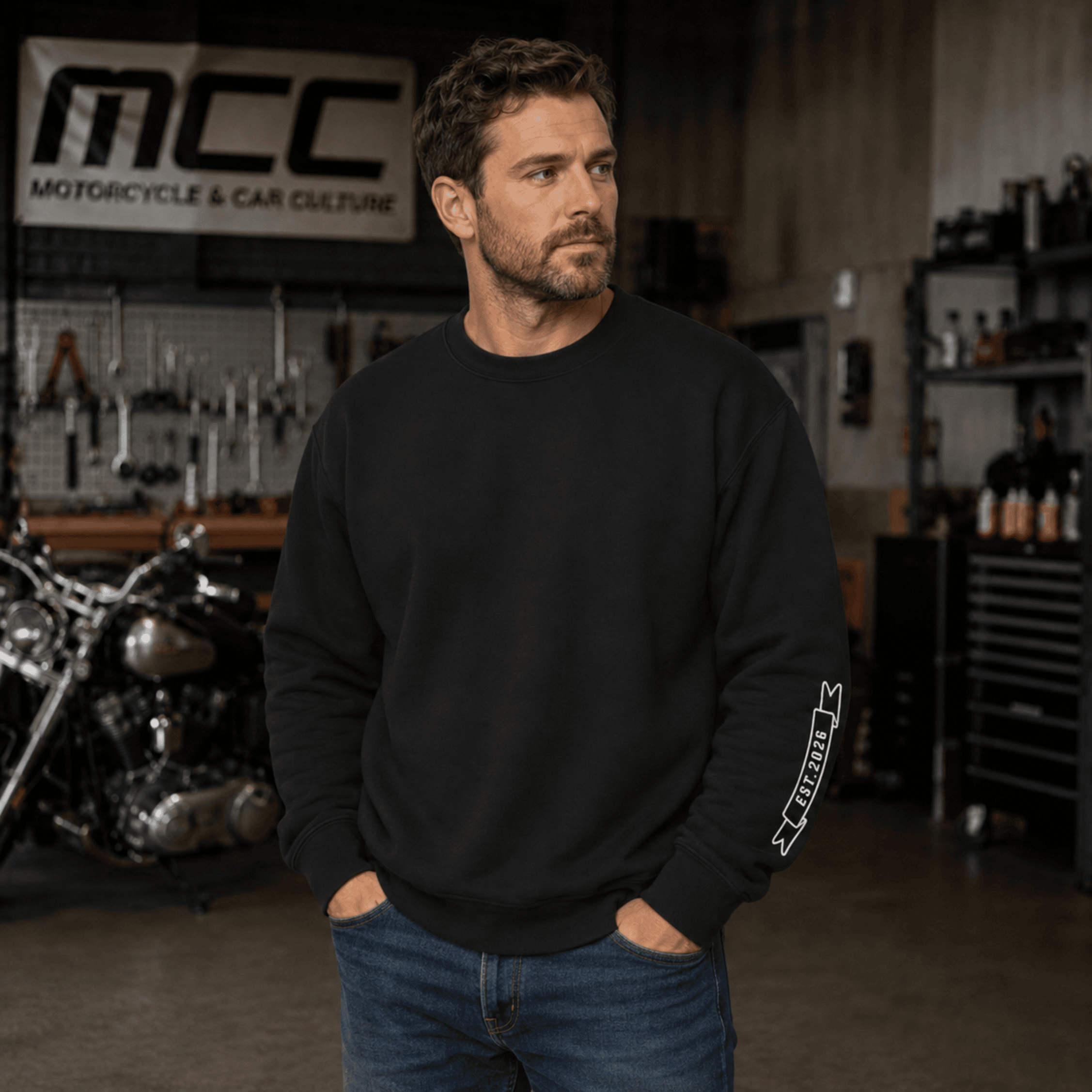 A man wearing a black crewneck sweatshirt with a white MCC Ribbon saying EST. 2026 graphic on the left sleeve, standing in a garage setting with a motorcycle and workshop equipment in the background.