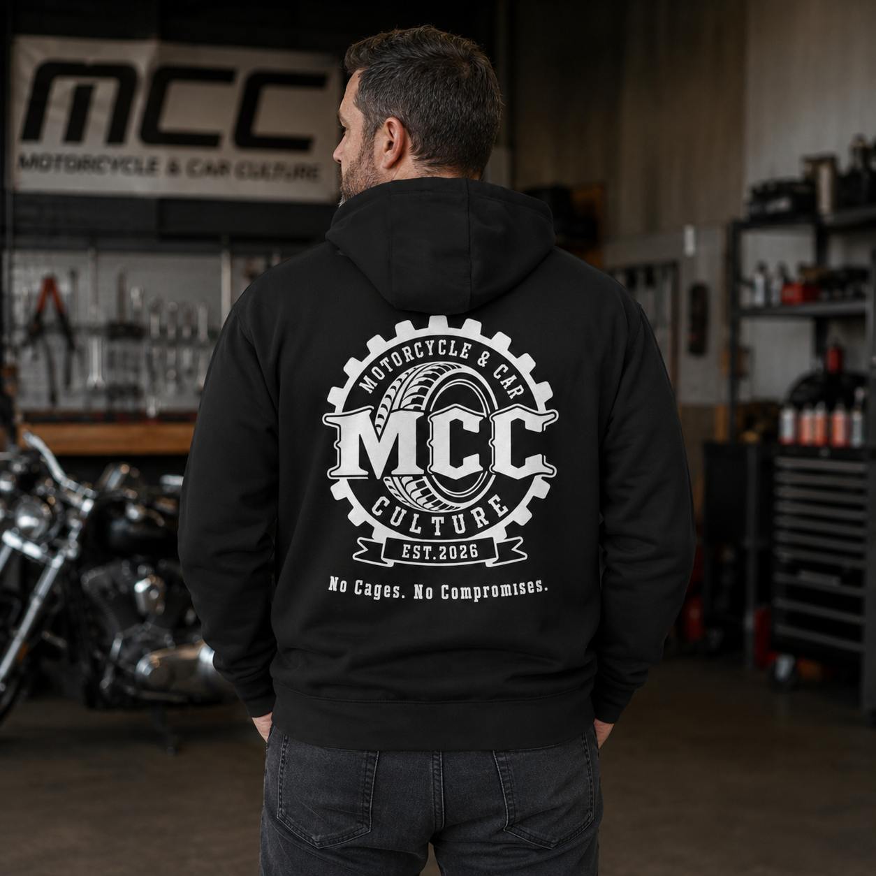 A man viewed from behind wearing a black hoodie with a large white circular 'MCC Motorcycle & Car Culture' graphic on the back, standing in a garage with a motorcycle and workshop equipment in the background.