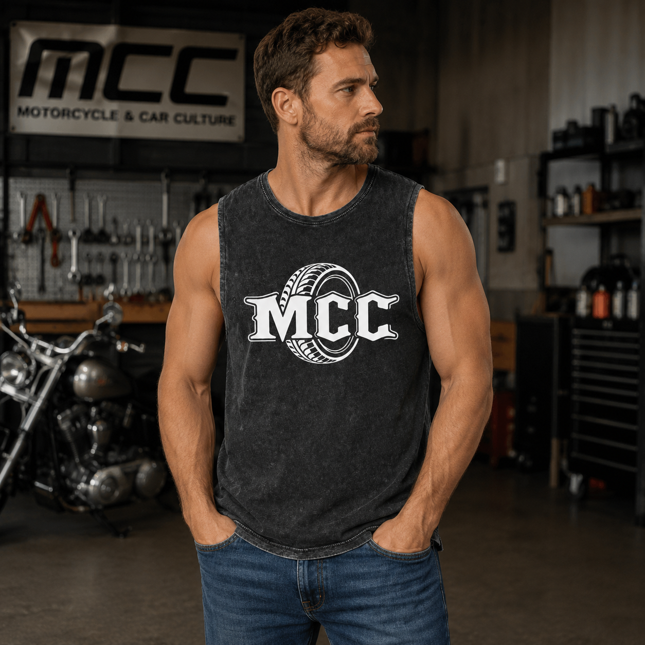 A muscular man wearing a dark gray sleeveless tank top with a white 'MCC' tire logo, standing in a garage with a motorcycle and toolboxes in the background.