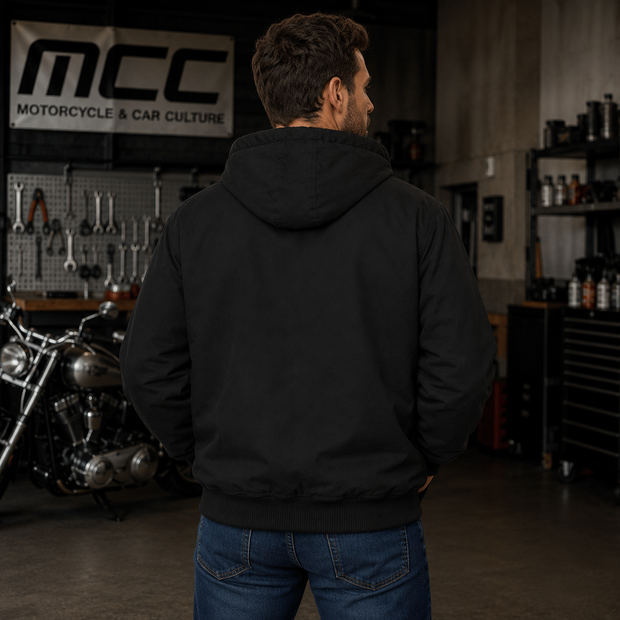 A man wearing a black hooded jacket is shown from behind in a motorcycle shop, with a motorcycle and workshop equipment visible in the background.