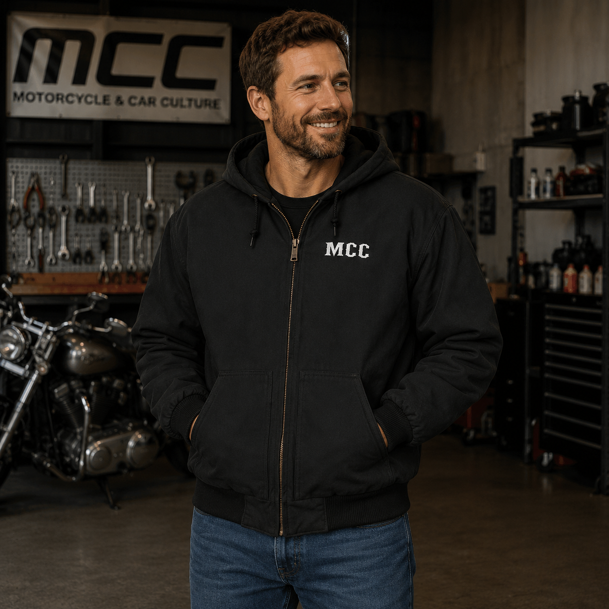 A man wearing a black MCC Motorcycle & Car Culture zip-up hooded Jacket stands in a garage setting with a motorcycle and tool racks in the background.